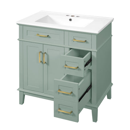 Modern vanity with sink, sage green cabinet, gold hardware, deep & standard drawers on Tampa Home & Garden Store