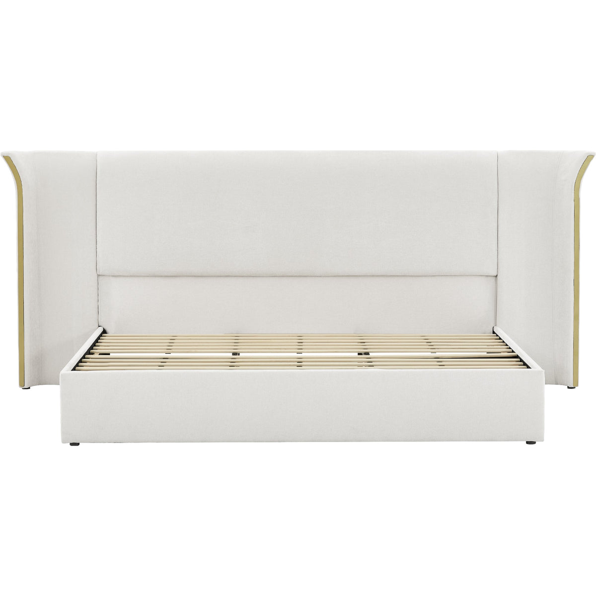 King size luxury wing-back upholstered bed frame with padded beige headboard and gold trim on Tampa Home & Garden Store