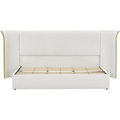 King size luxury wing-back upholstered bed frame with padded beige headboard and gold trim on Tampa Home & Garden Store
