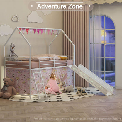 Jack House Loft Bed by HouseOfZazla with Slide and Curtain Set, white frame, pink curtains on Tampa Home & Garden Store