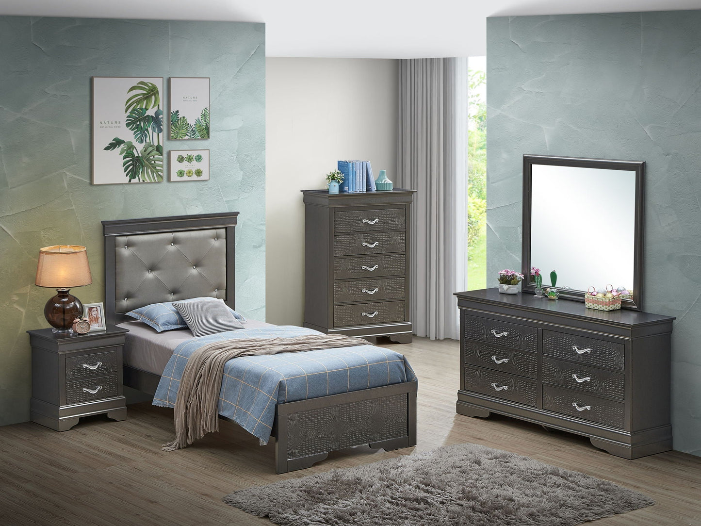 Lorana Jewel Tufted Bed Frame and Silver Finish
