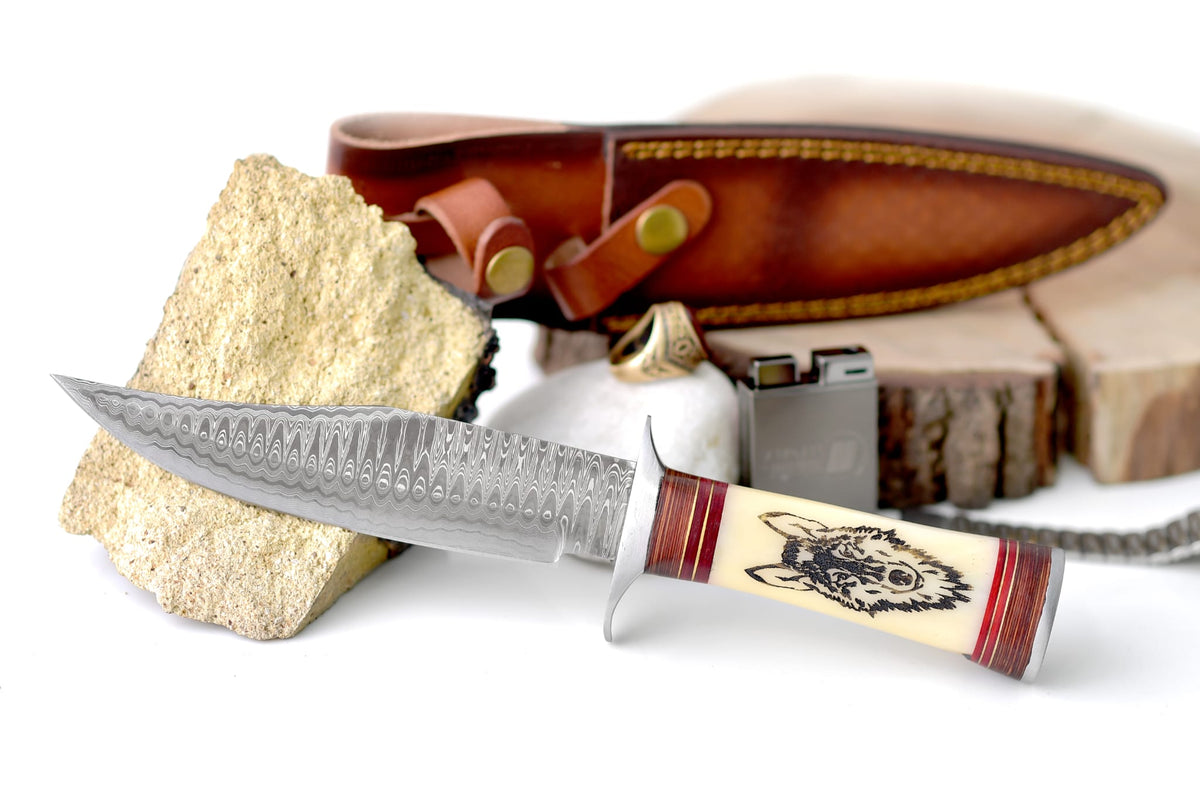 Wilderness Howl Damascus knife with ivory handle, leather sheath on Tampa Home & Garden Store