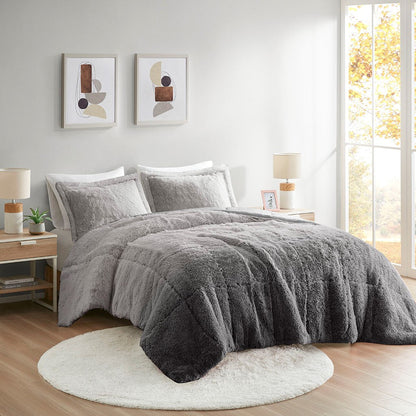 Full/Queen Ombre Shaggy Long Fur Comforter Mini Set by HouseOfZazla in grey ombre on Tampa Home & Garden Store