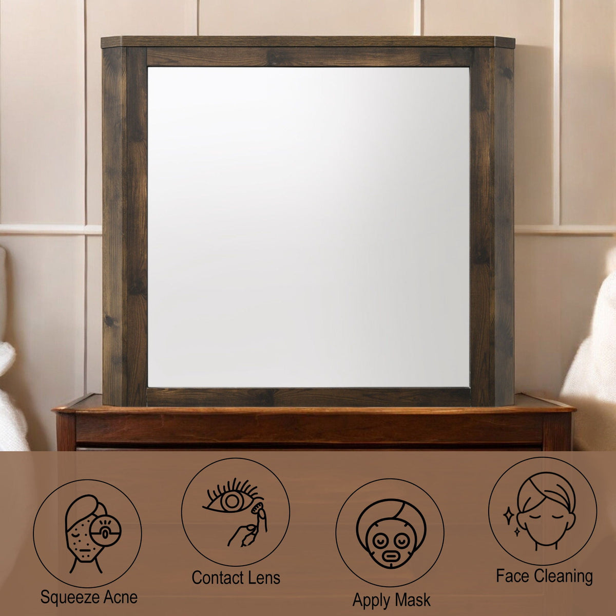 Rustic walnut wood framed wall mirror on a dark wood dresser on Tampa Home & Garden Store