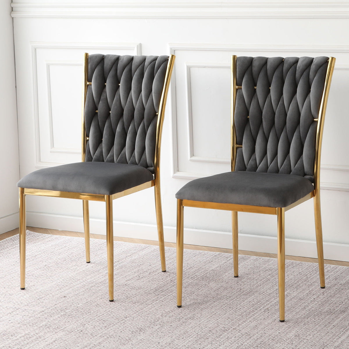 Modern dining chair set with plated gold legs, gray tufted upholstery pair on Tampa Home & Garden Store