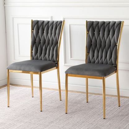 Modern dining chair set with plated gold legs, gray tufted upholstery pair on Tampa Home & Garden Store