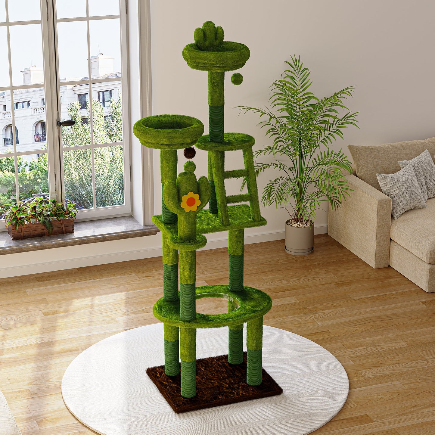 72in Cactus Cat Tree Tall Cat Tower by HouseOfZazla moss-green plush with sisal posts on Tampa Home & Garden Store