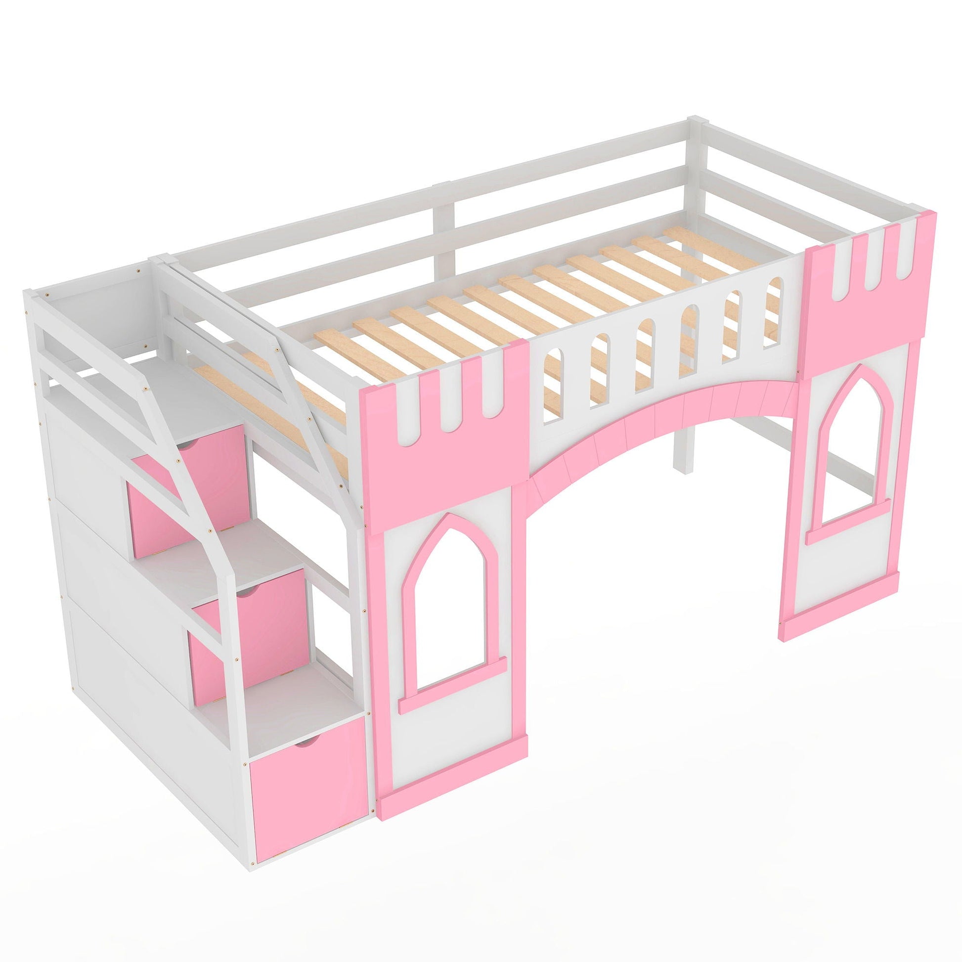 Loft bed with storage staircase and windows in pink and white by HouseOfZazla on Tampa Home & Garden Store