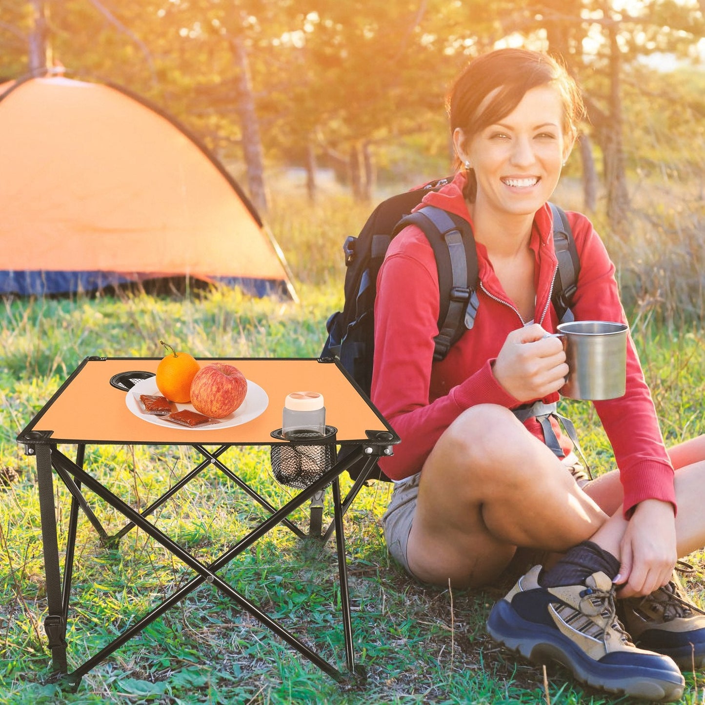 GemGear foldable camping table with orange top portable picnic desk 2 cup holders carrying bag on Tampa Home & Garden Store