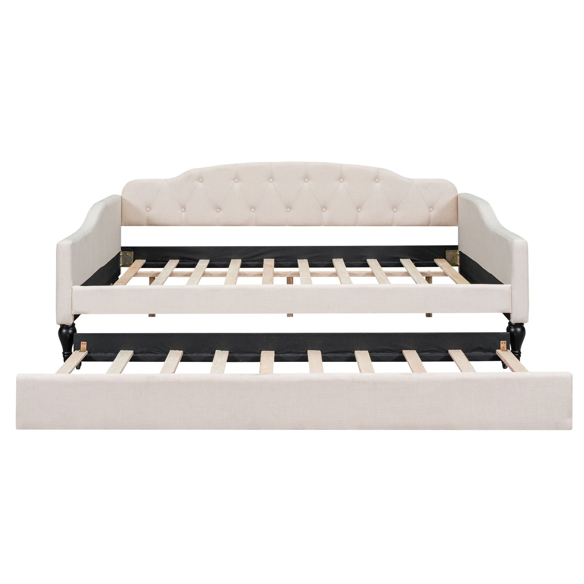 Upholstered tufted daybed beige fabric with button-tufted back, wooden slat base HouseOfZazla on Tampa Home & Garden Store