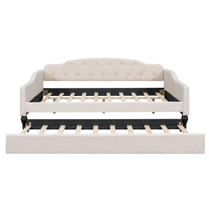 Upholstered tufted daybed beige fabric with button-tufted back, wooden slat base HouseOfZazla on Tampa Home & Garden Store