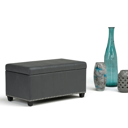 Amelia transitional storage ottoman bench in dark gray leather with nailhead trim on Tampa Home & Garden Store