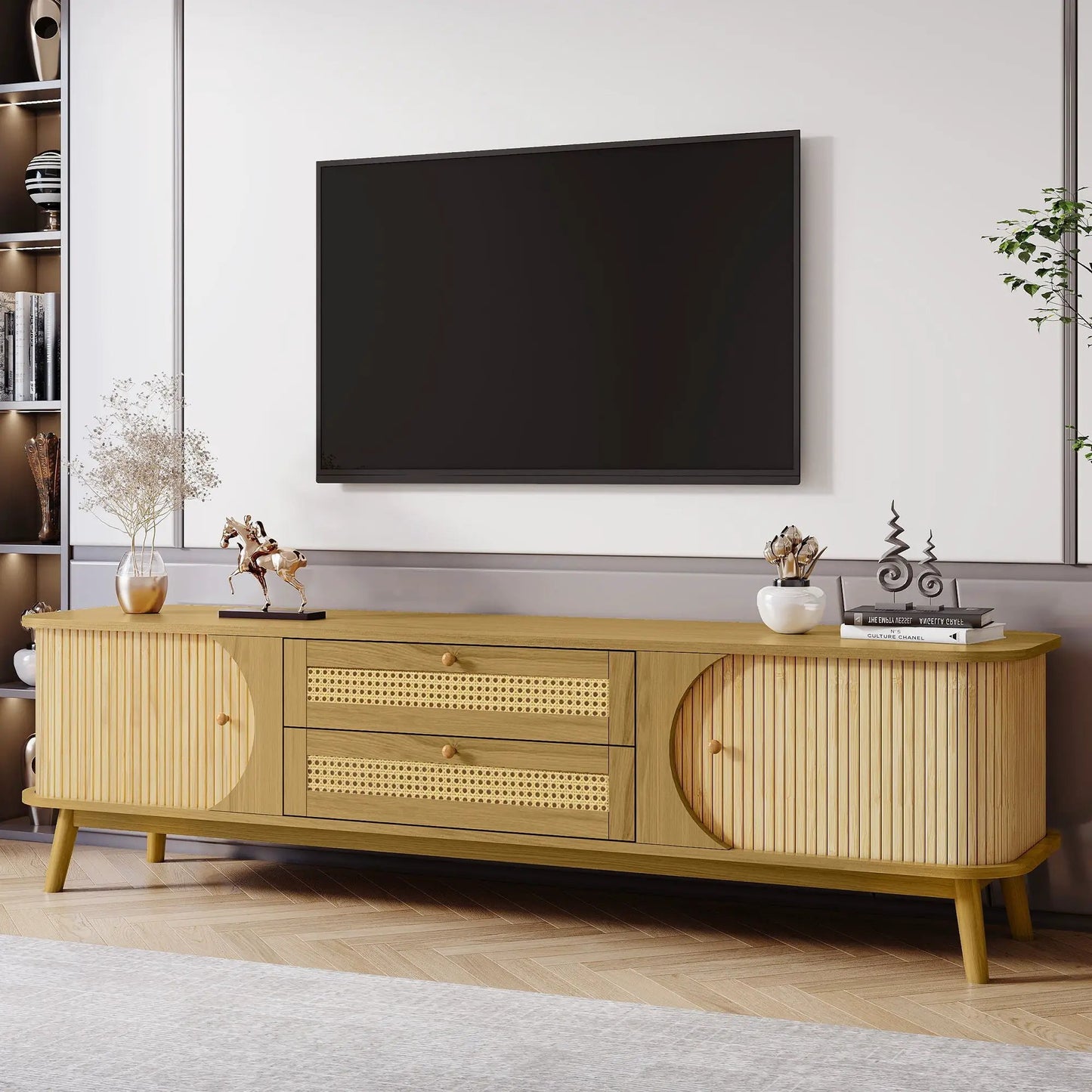 Rattan TV stand in natural wood with cane panels, fits TVs up to 75 in on Tampa Home & Garden Store