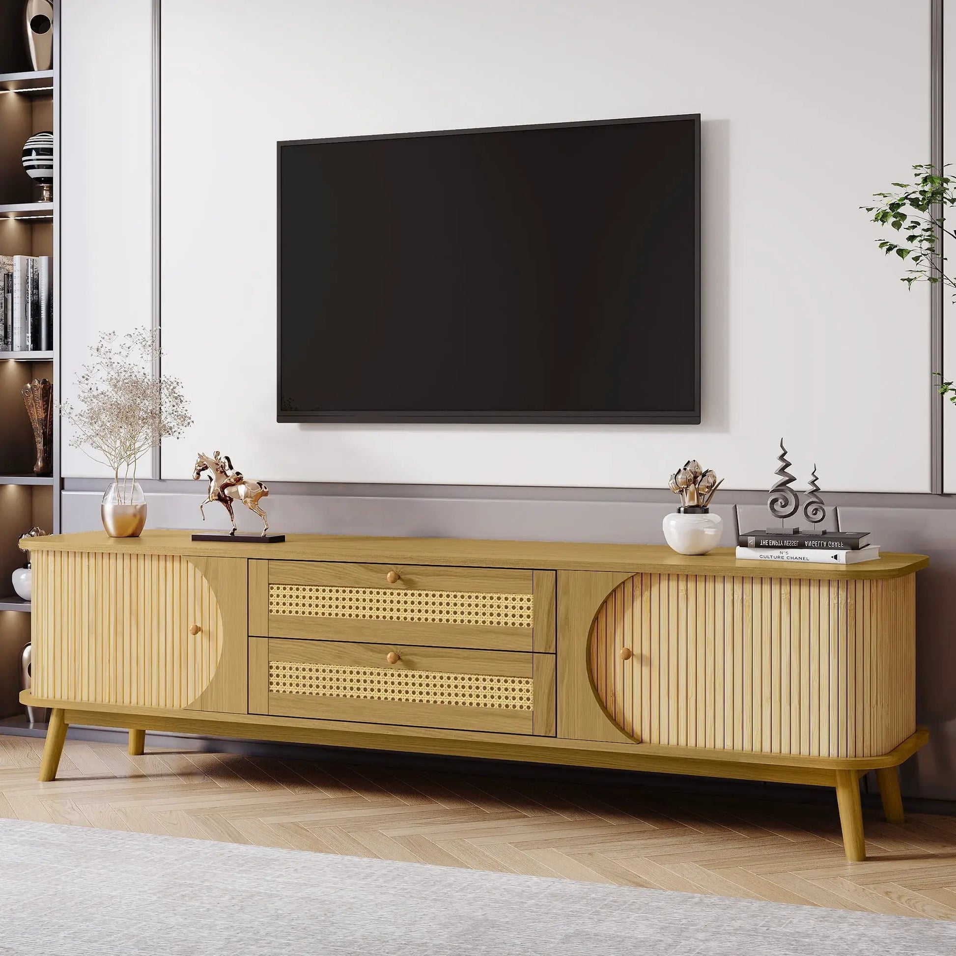 Rattan TV stand in natural wood with cane panels, fits TVs up to 75 in on Tampa Home & Garden Store