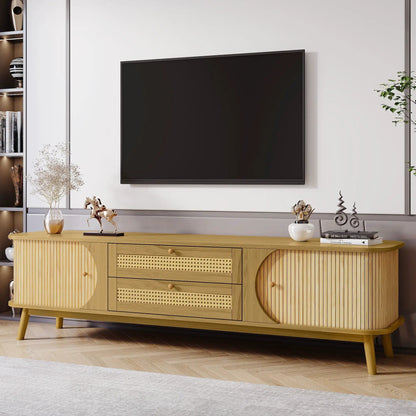 Rattan TV stand in natural wood with cane panels, fits TVs up to 75 in on Tampa Home & Garden Store