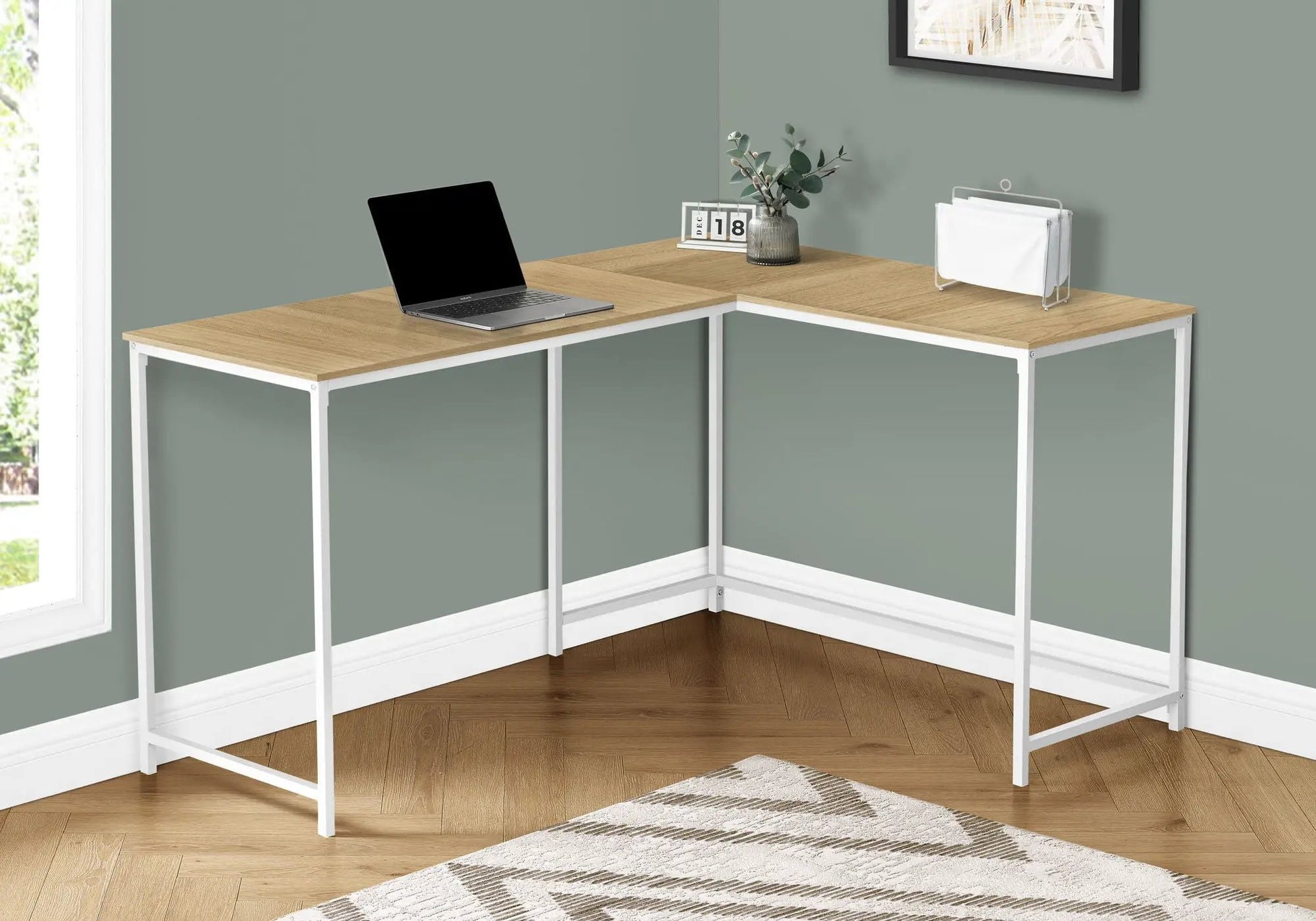 L-shaped corner computer desk wood veneer top with white metal frame Unique Piece Furniture on Tampa Home & Garden Store