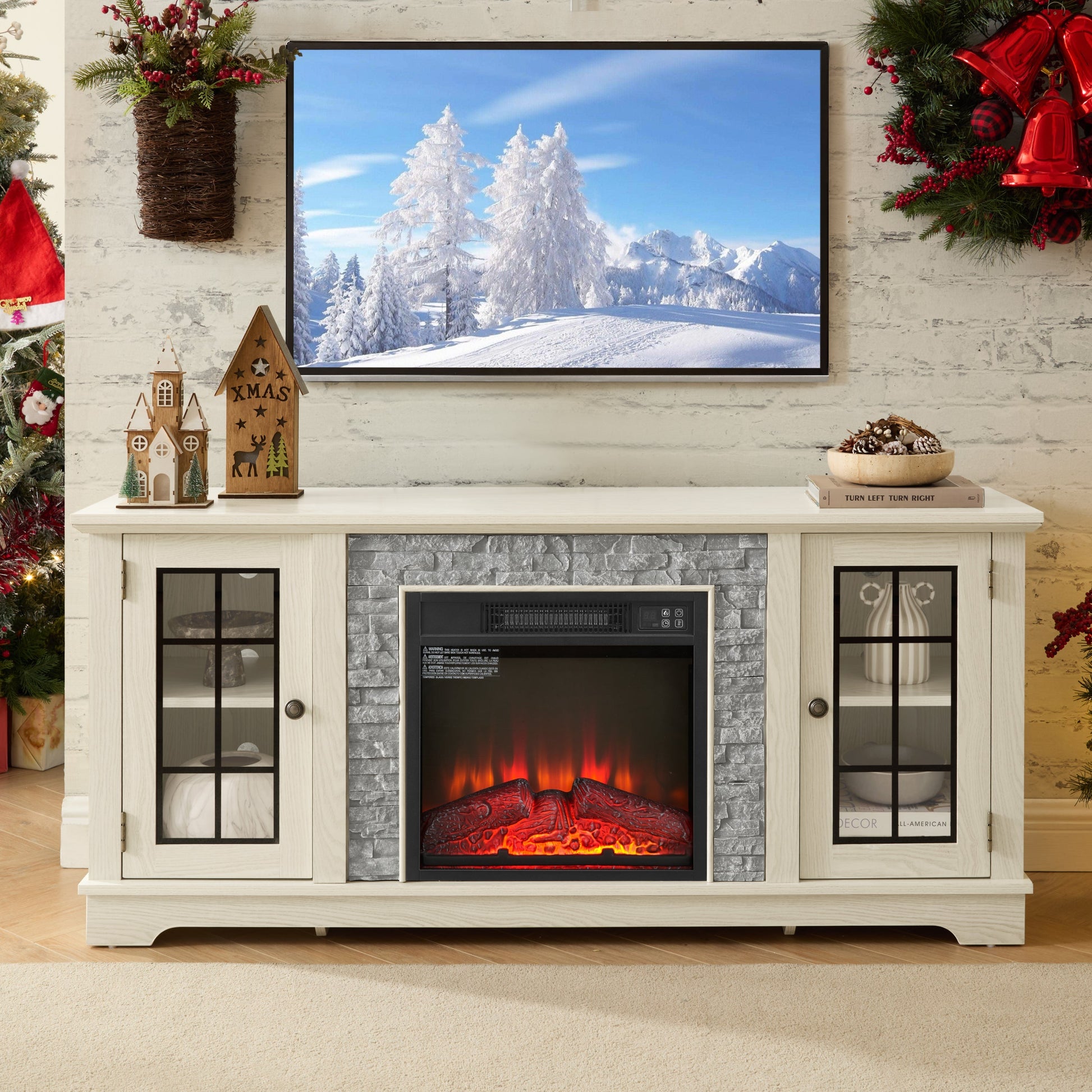 58-inch Modern TV Stand with Electric Fireplace and Storage, light wood, HouseOfZazla on Tampa Home & Garden Store