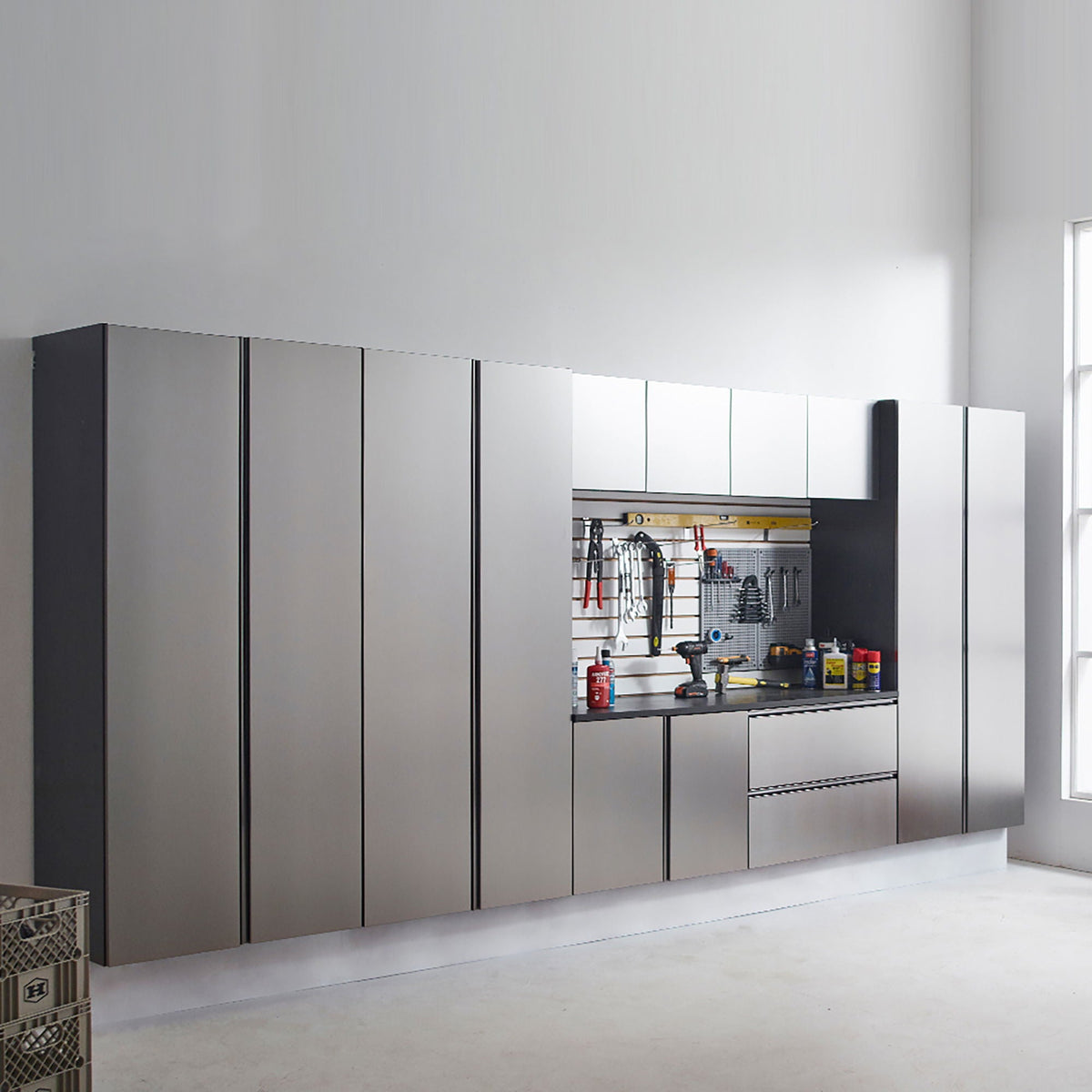 Dark gray Nova Series wall mounted garage cabinet with extra deep storage on Tampa Home & Garden Store