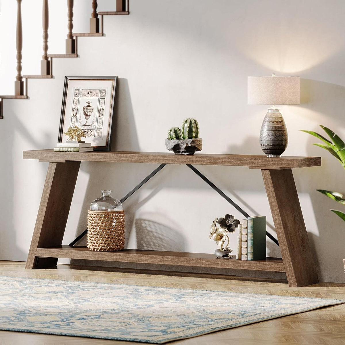 Extra-long wood and metal console table with 2-tier shelves in dark brown on Tampa Home & Garden Store