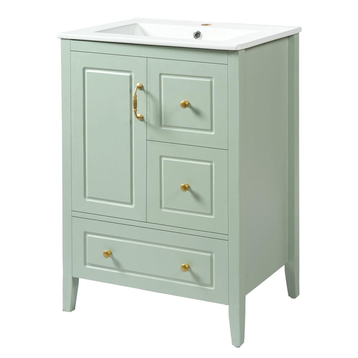 Retro bathroom vanity with ceramic sink, sage green cabinet, brass hardware — HouseOfZazla on Tampa Home & Garden Store