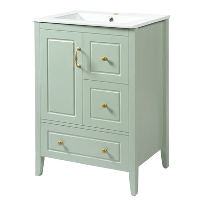Retro bathroom vanity with ceramic sink, sage green cabinet, brass hardware — HouseOfZazla on Tampa Home & Garden Store
