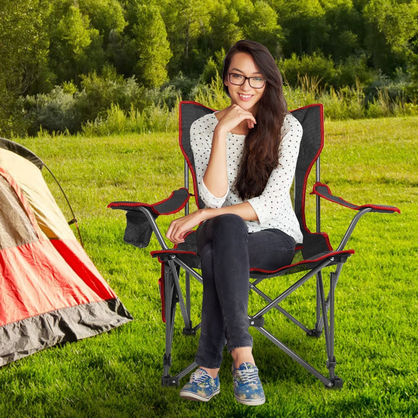 GemGear foldable camping chair with reclining backrest and cup holder, red trim steel frame on Tampa Home & Garden Store