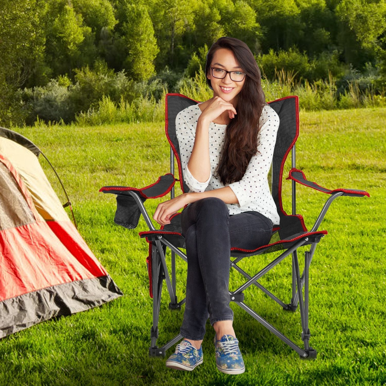 GemGear foldable camping chair with reclining backrest and cup holder, red trim steel frame on Tampa Home & Garden Store