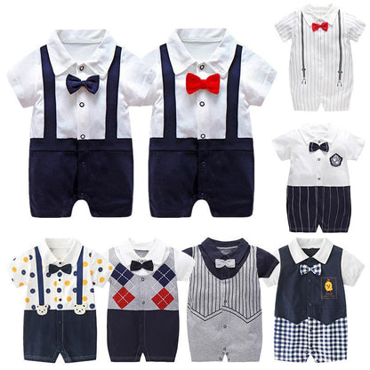 Stevvex baby boy romper set in cotton jumpsuits 0-12M with navy suspenders and bow ties on Tampa Home & Garden Store