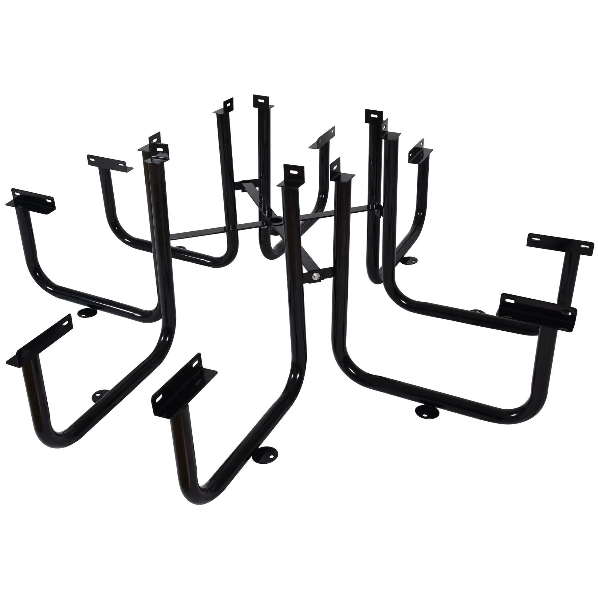 Square outdoor steel picnic table base with umbrella pole posts, black powder-coated finish on Tampa Home & Garden Store