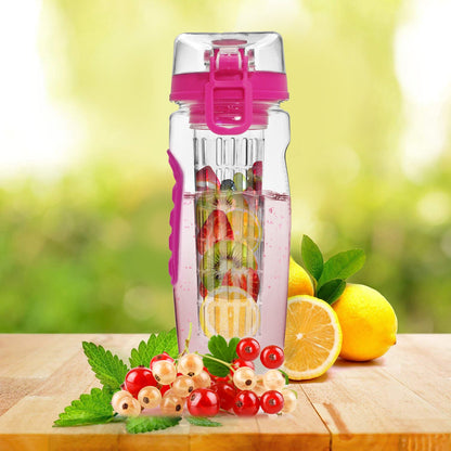 Fruit infuser water bottle 32oz pink with flip-top lid and anti-slip grips, clear infuser on Tampa Home & Garden Store