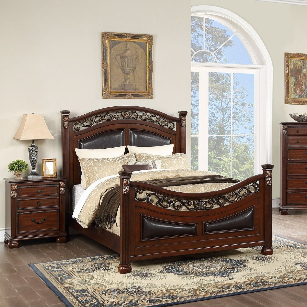 3 Piece Bedroom Set dark wood bed with carved headboard and two nightstands HouseOfZazla on Tampa Home & Garden Store