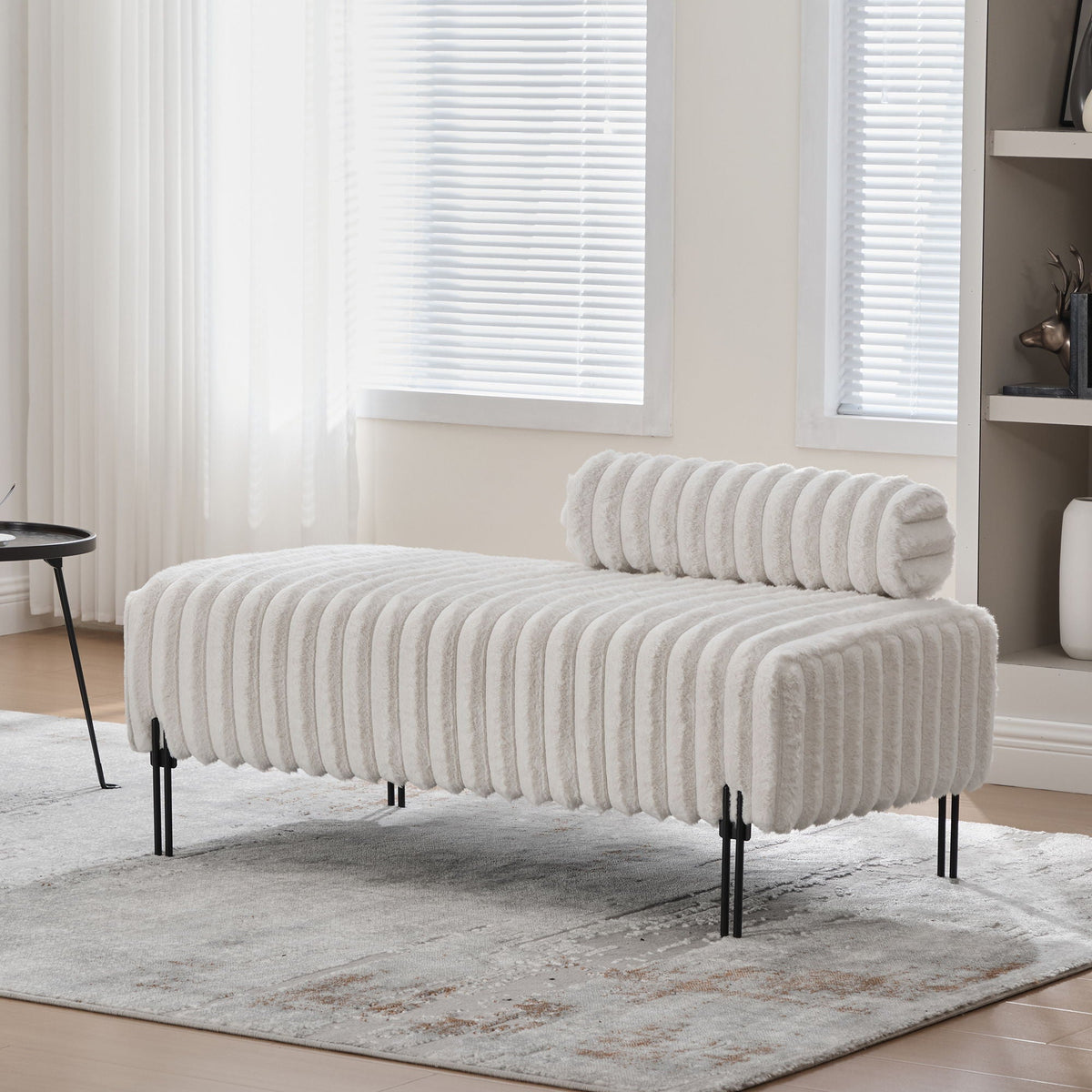 Mini loveseat with white ribbed fabric upholstery and black metal legs by HouseOfZazla on Tampa Home & Garden Store