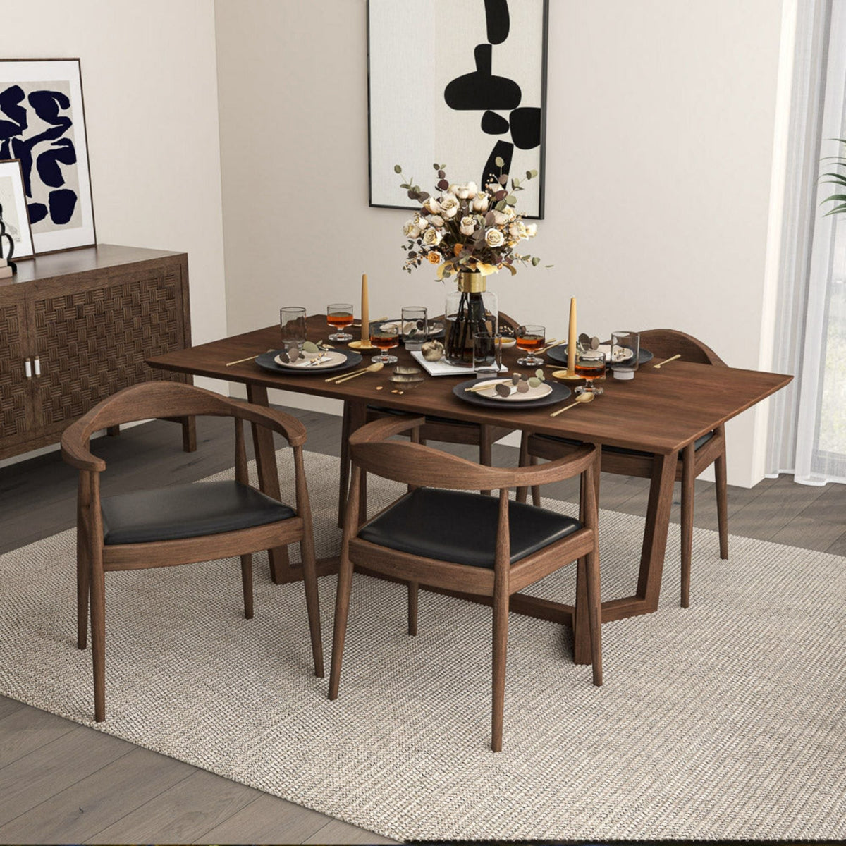 Mid-Century Modern armchair with armrests in dark wood and black cushion, set of 4 around table on Tampa Home & Garden Store