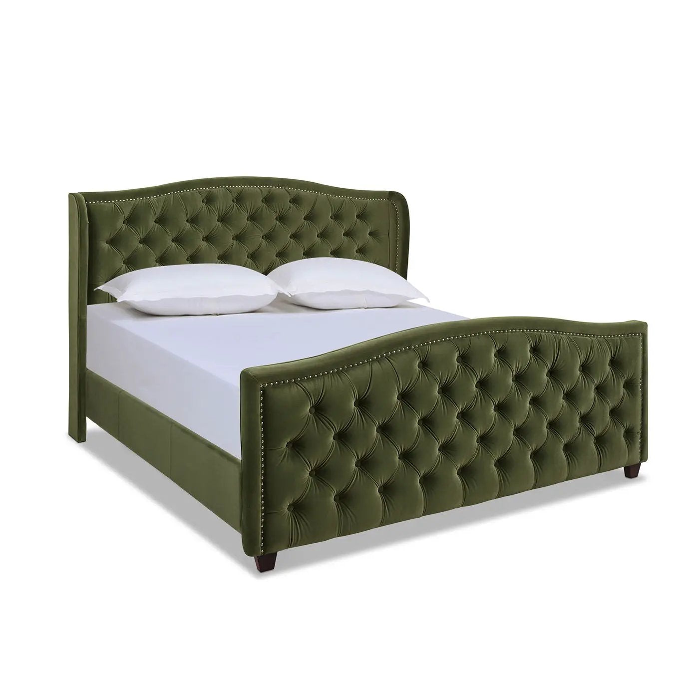 Marcella upholstered shelter bed in olive green velvet with tufted headboard and footboard on Tampa Home & Garden Store