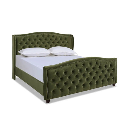 Marcella upholstered shelter bed in olive green velvet with tufted headboard and footboard on Tampa Home & Garden Store