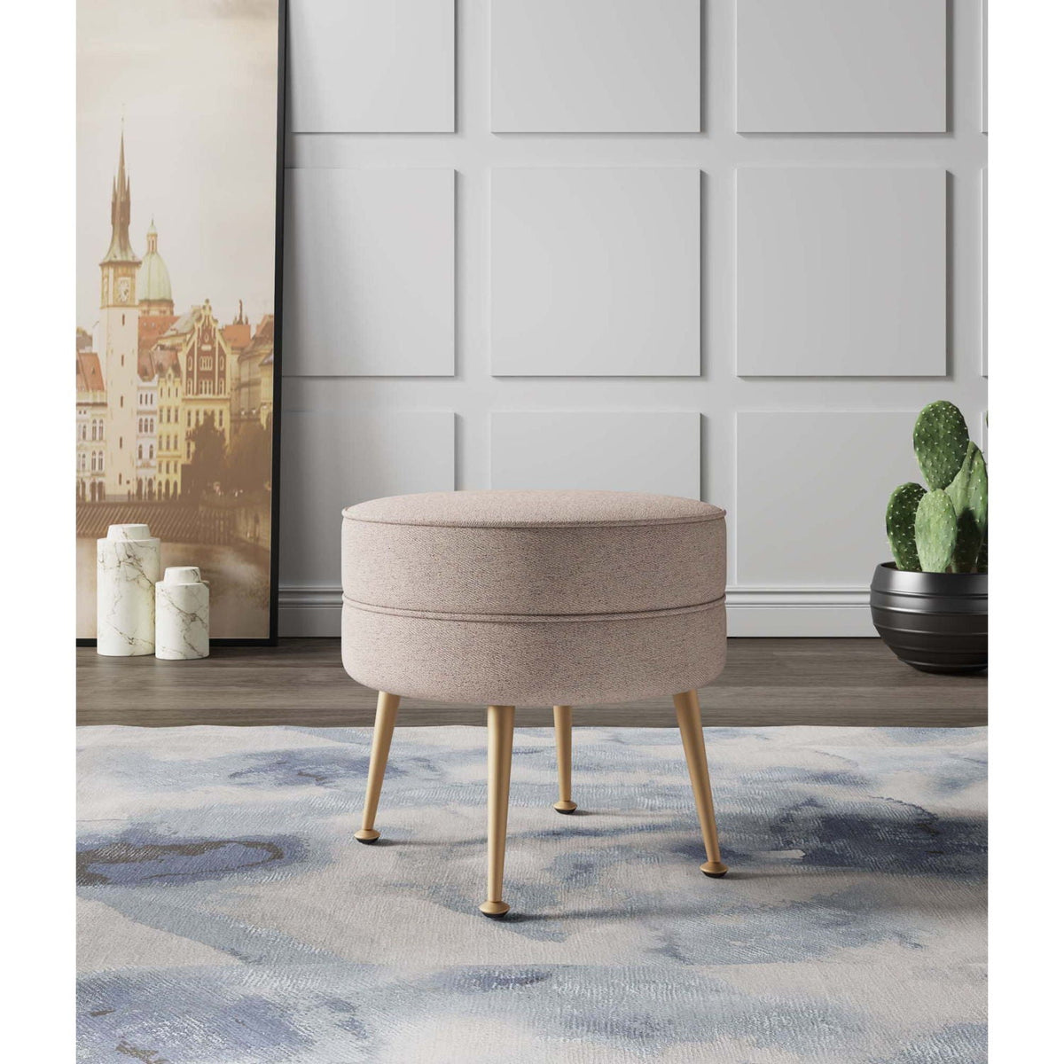 Bailey Upholstered Accent Ottoman by HouseOfZazla, round blush-pink fabric with light wood legs on Tampa Home & Garden Store