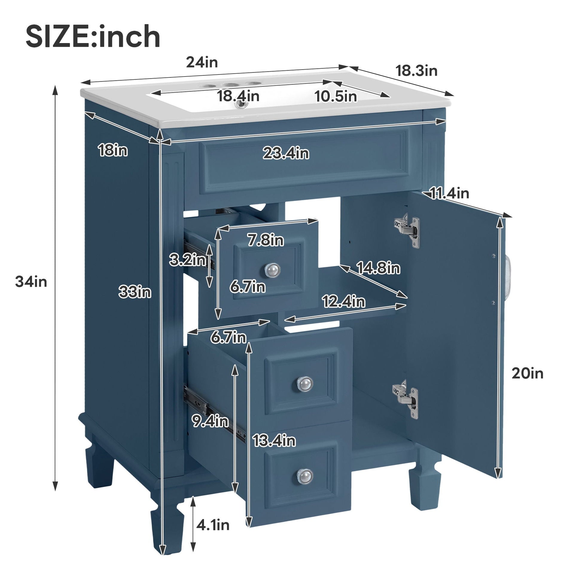 Bathroom vanity with sink, blue finish, two drawers and adjustable shelf on Tampa Home & Garden Store