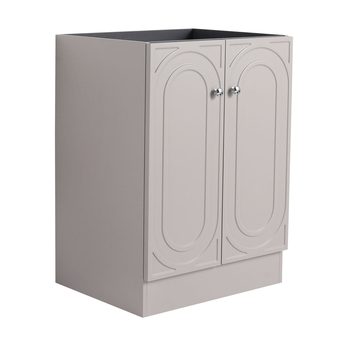 Freestanding vanity with soft-close doors, gray cabinet with arched panel fronts, HouseOfZazla on Tampa Home & Garden Store