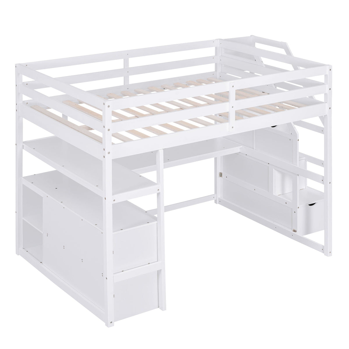 Loft Bed With Desk, Shelves, 2 Drawers, Storage Staircase in white wood on Tampa Home & Garden Store