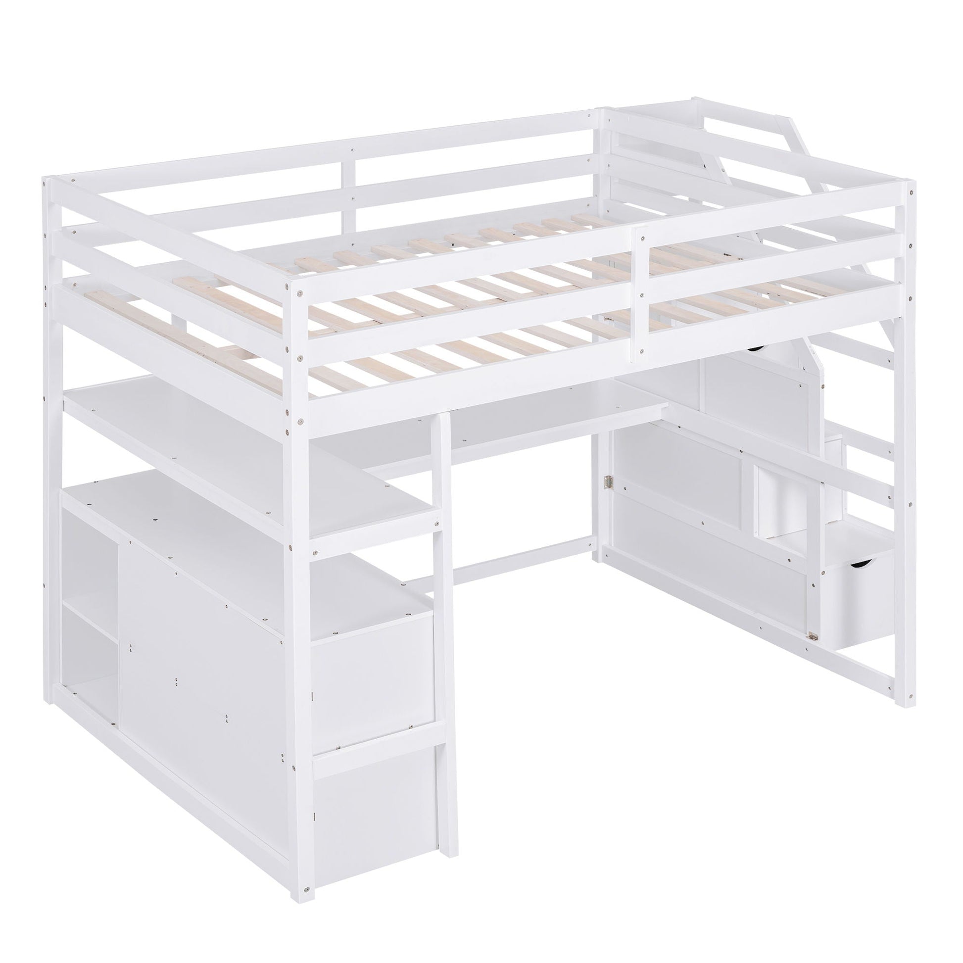 Loft Bed With Desk, Shelves, 2 Drawers, Storage Staircase in white wood on Tampa Home & Garden Store
