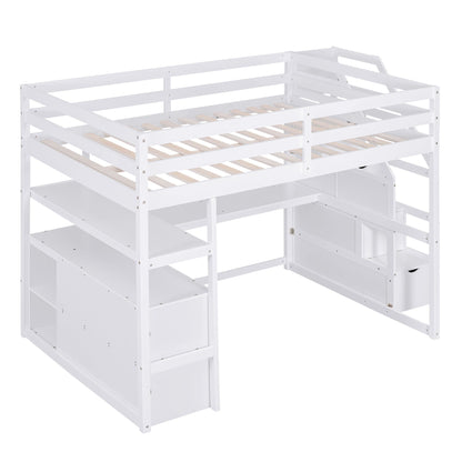 Loft Bed With Desk, Shelves, 2 Drawers, Storage Staircase in white wood on Tampa Home & Garden Store