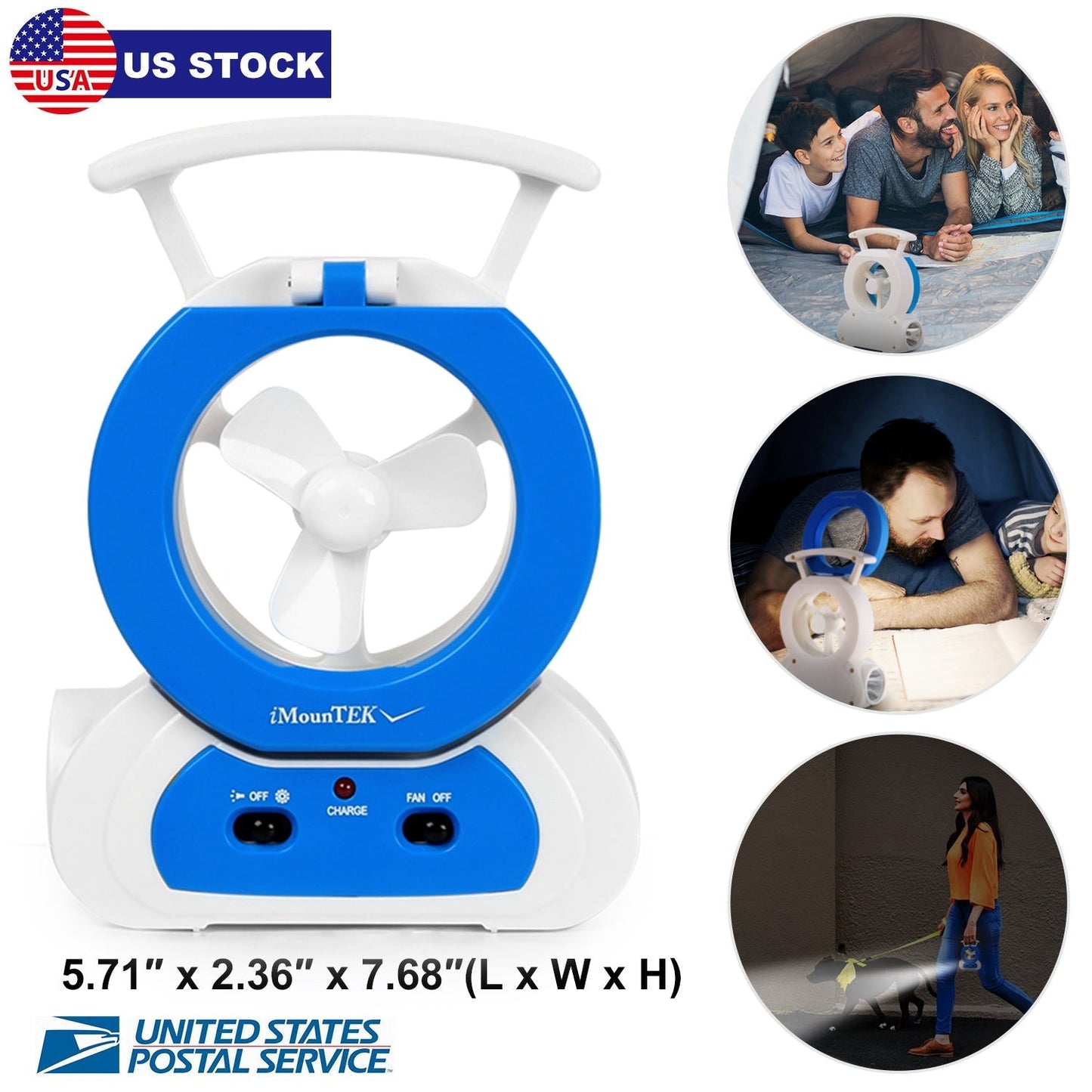 GemGear desk cooling fan with 180° LED lamp, blue circular frame, compact 5.71 x 2.36 x 7.68 in on Tampa Home & Garden Store