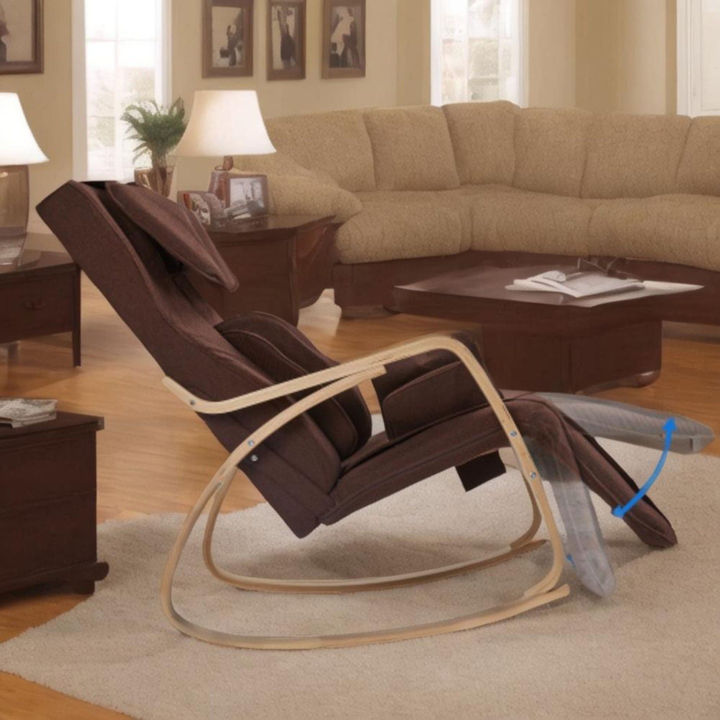 Reclining rocking chair in brown cotton fabric with full massage function by HouseOfZazla on Tampa Home & Garden Store