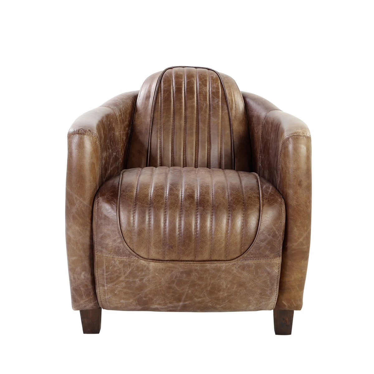 Brown grain leather arm chair with high back, vertical channel stitching, HouseOfZazla armchair on Tampa Home & Garden Store