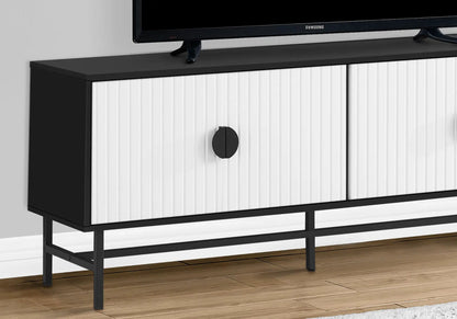 TV stand console with storage cabinet, black metal frame and white vertical ribbed doors on Tampa Home & Garden Store