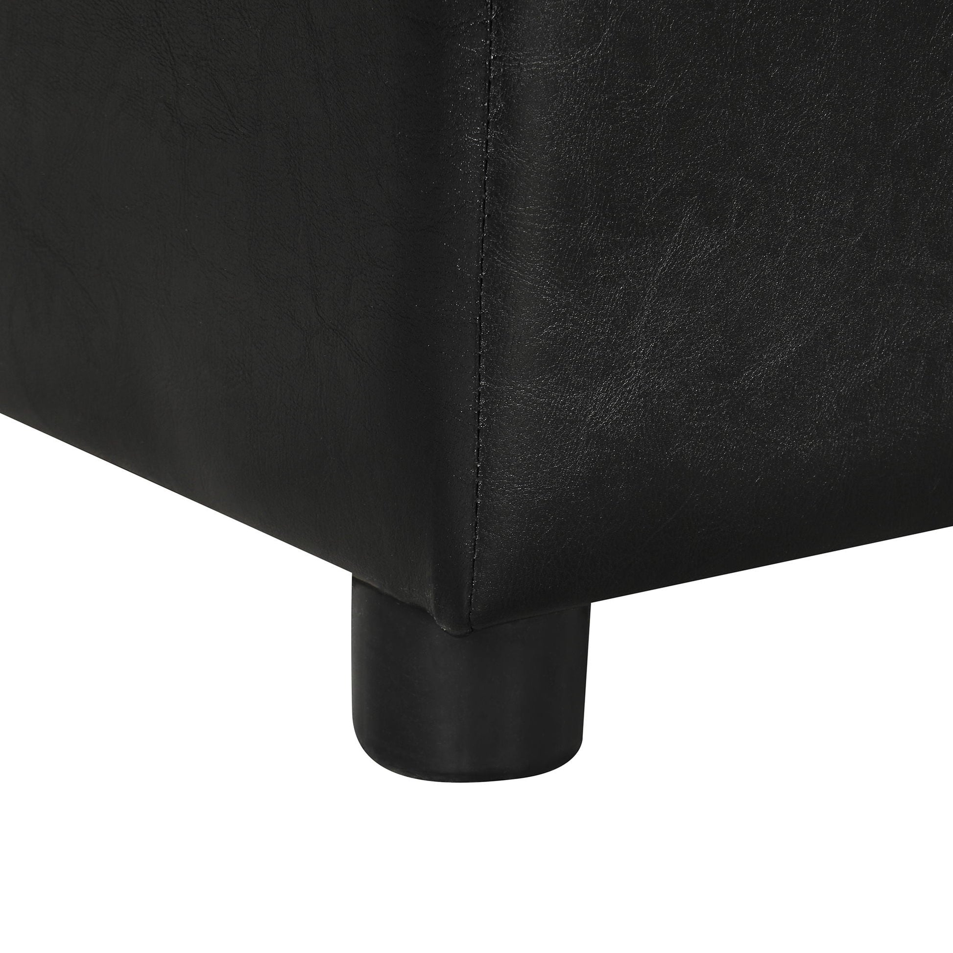 Twin size black leather sleeper ottoman close up showing stitched seam and leg HouseOfZazla on Tampa Home & Garden Store