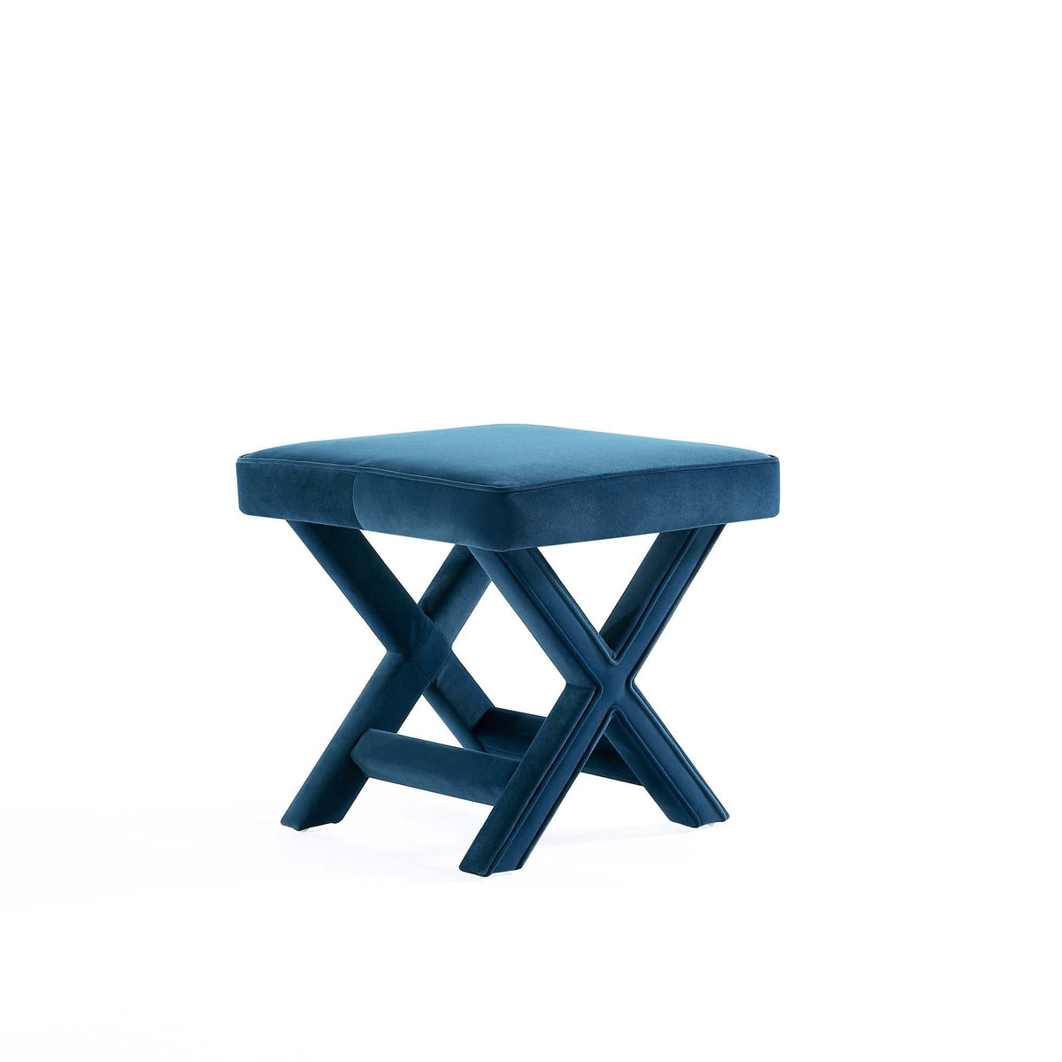 Accent bench blue velvet cushion with piped edges on a solid wood crisscross frame on Tampa Home & Garden Store