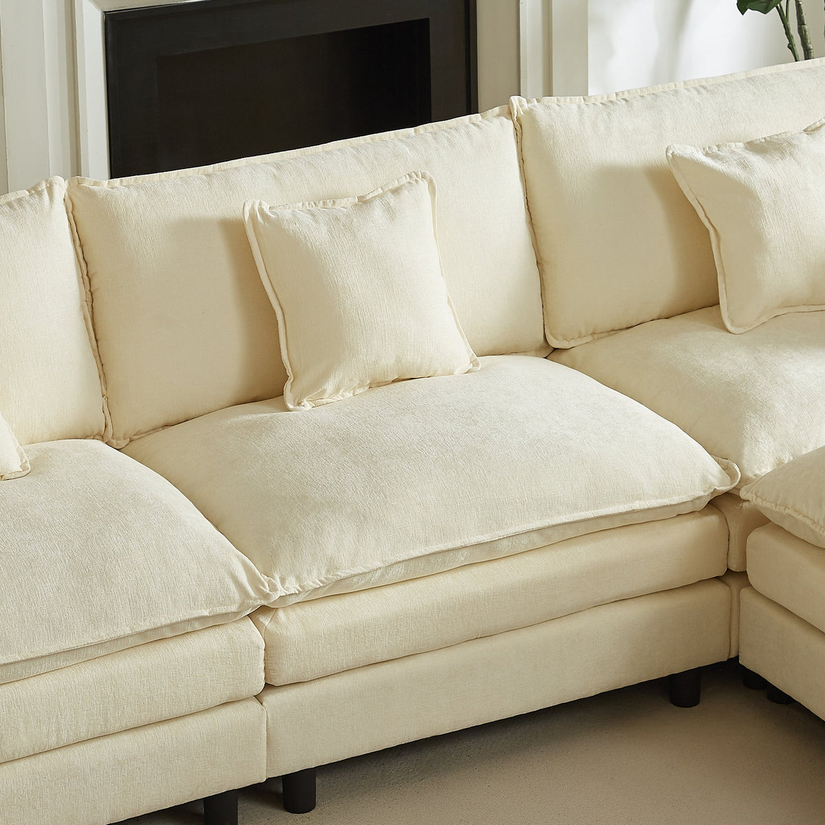 Modular sectional sofa 110 inch L-shaped couch in cream linen fabric with plush cushions on Tampa Home & Garden Store