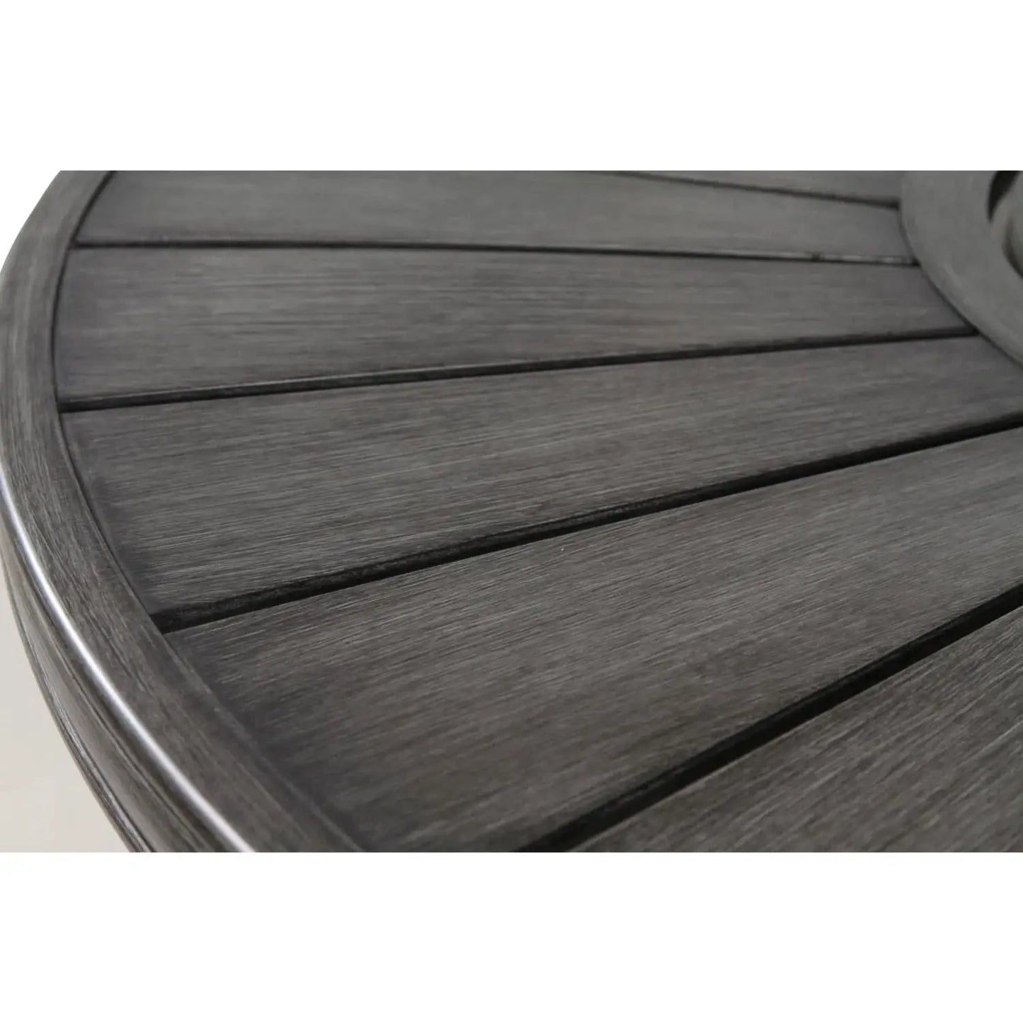 Brown round outdoor table top with wood slats and metal edge on Tampa Home & Garden Store