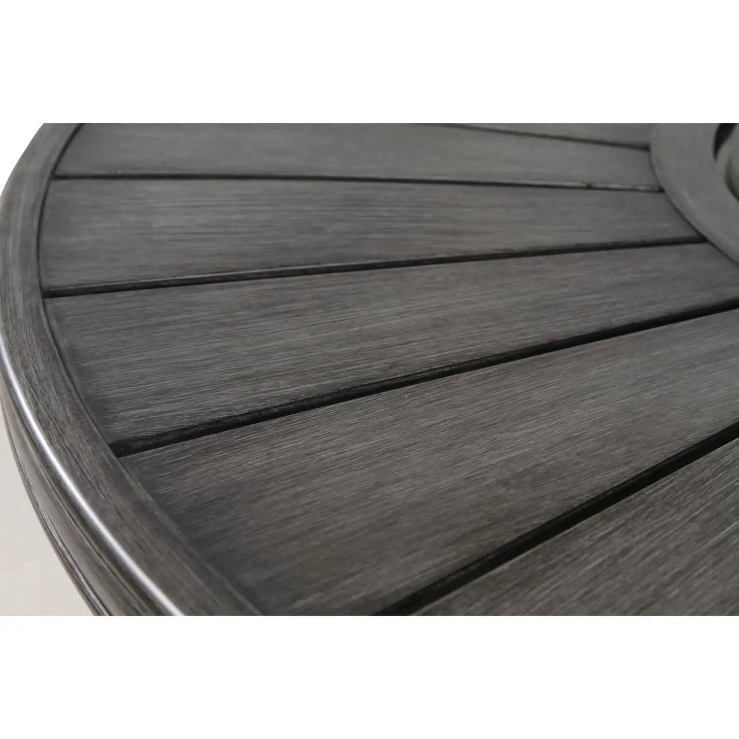 Brown round outdoor table top with wood slats and metal edge on Tampa Home & Garden Store